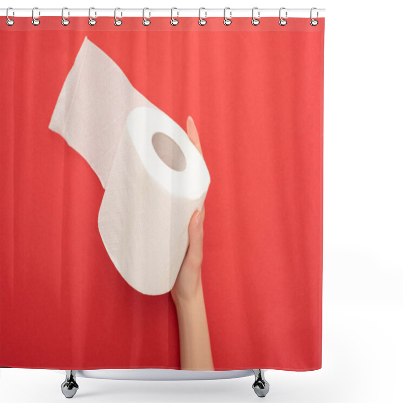 Personality  Cropped View Of Woman Holding White Toilet Paper Roll On Red Background Shower Curtains