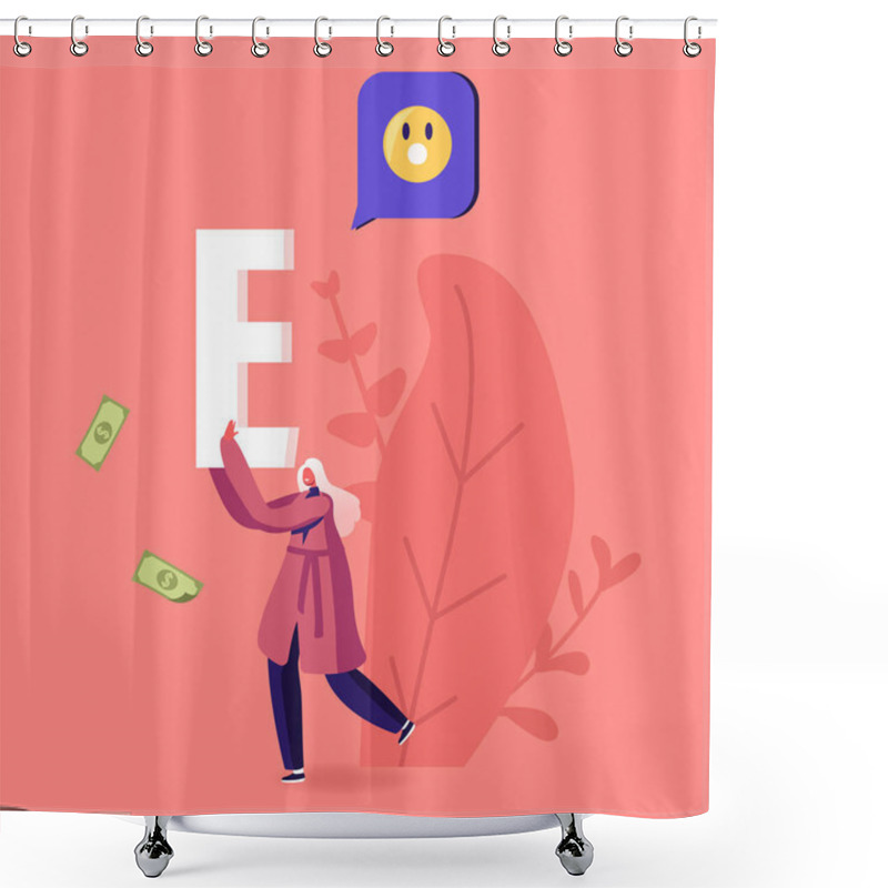 Personality  Female Character Carry Huge Letter E With Smile Icon And Money Bills Around. Woman Spread Hype In Social Networks, Trends In Advertising And News, Public Relations. Cartoon Vector Illustration Shower Curtains