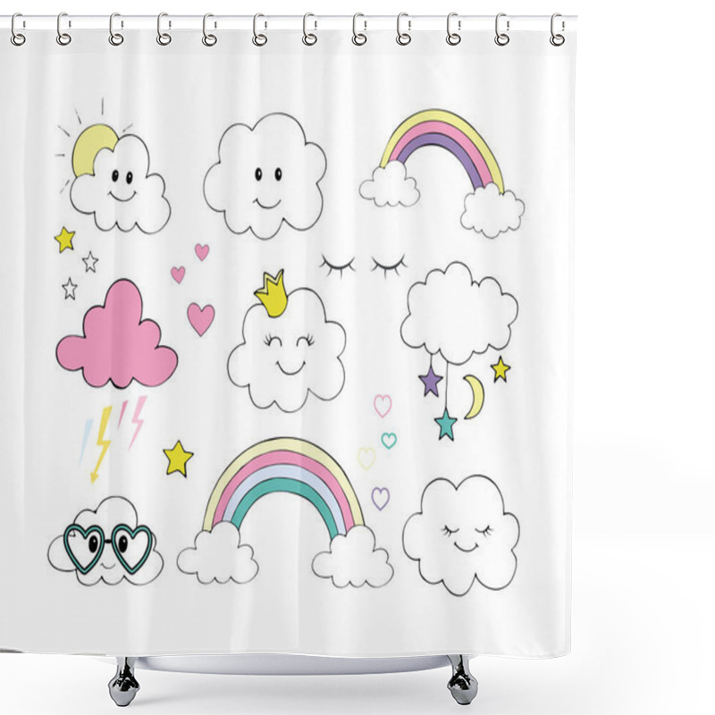 Personality  Vector Set Of Flat Weather Icons Icons Rainbow Stars Thunder Moon Sun Rain Clouds Eyelashes Stars. Shower Curtains