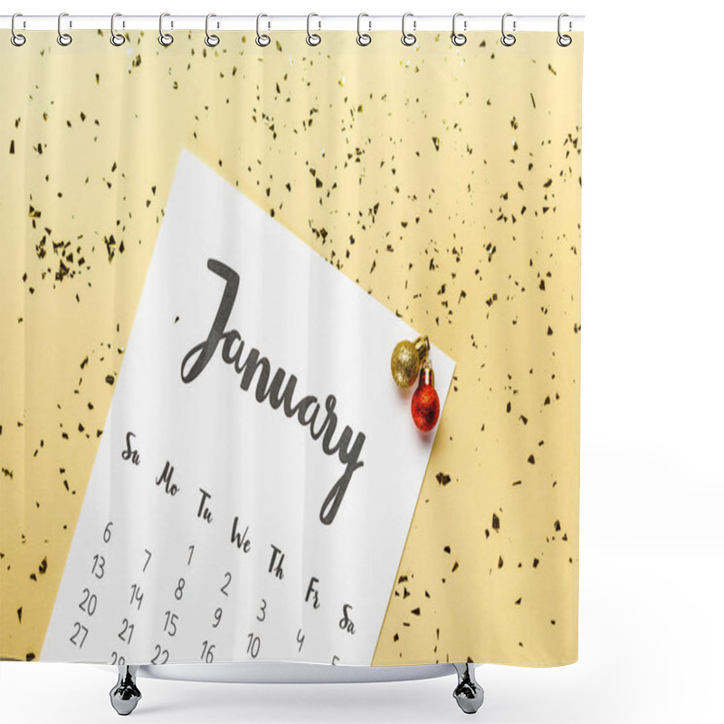 Personality  Top View Of January Calendar And Christmas Baubles With Golden Confetti On Beige Background Shower Curtains