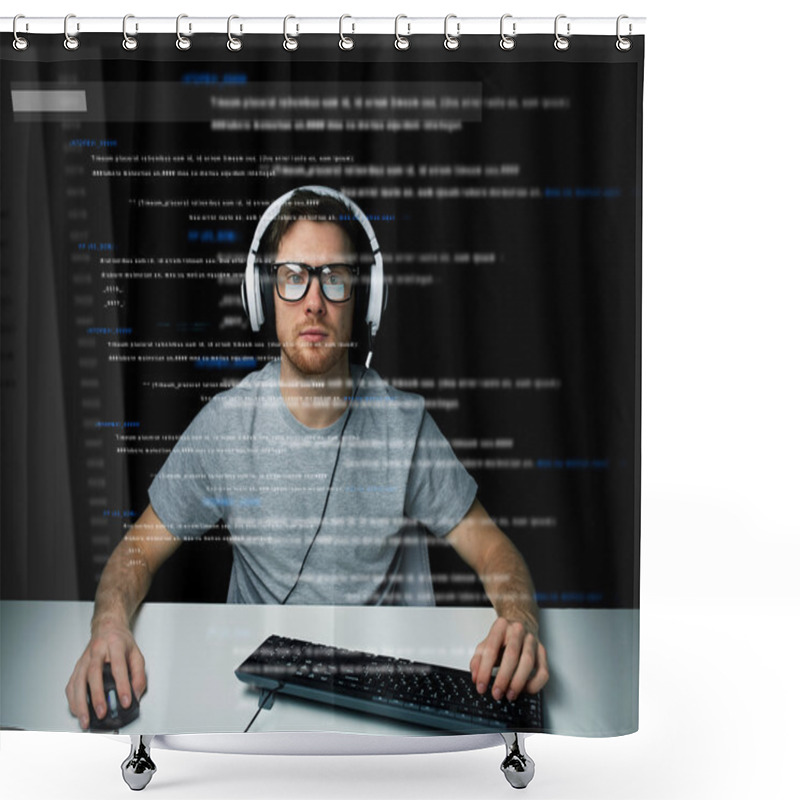 Personality  Man In Headset Hacking Computer Or Programming Shower Curtains