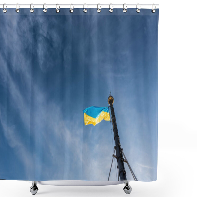 Personality  Low Angle View Of Ukrainian Flag On Flagpole Against Blue Sky In Lviv, Ukraine Shower Curtains