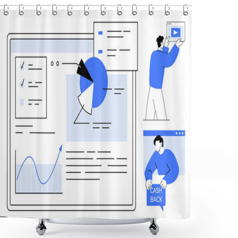 Personality  Dashboard Screen Displaying Charts, Graphs, And Checklists. Features Person Interacting With Video Content And Another Showing Cashback. Ideal For Data Analysis, E-commerce, Marketing, Finance Shower Curtains