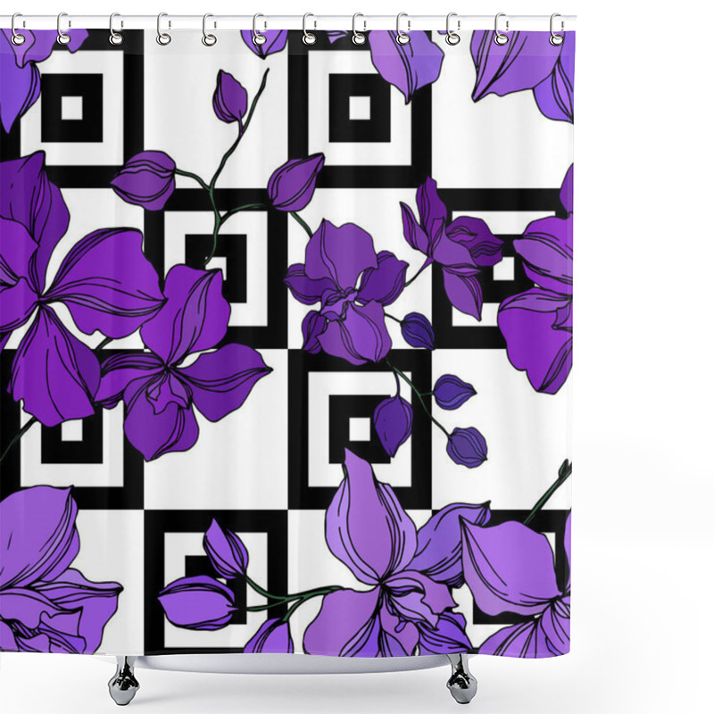 Personality  Vector Orchid Floral Botanical Flowers. Black And Purple Engraved Ink Art. Seamless Background Pattern. Shower Curtains