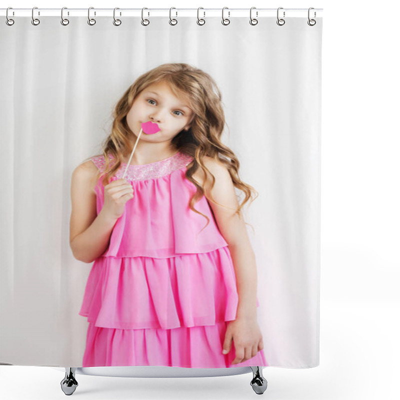 Personality  Little Girl With Funny Pink Paper Lips Against A White Backgroun Shower Curtains