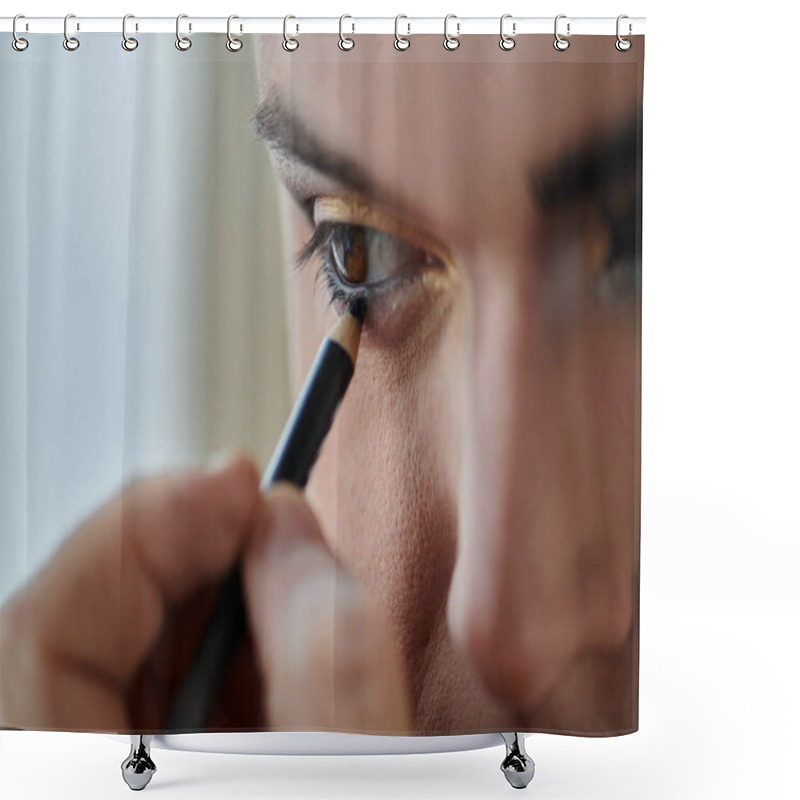 Personality  A Queer Person Applies Eyeliner Near Their Eye. Shower Curtains