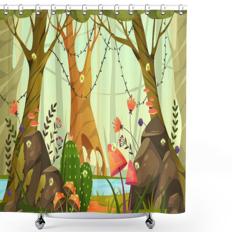 Personality  Enchanted Forest Or Magic Woodland, Vector Banner Or Background. Fantasy Nature Scape With Fairy Plants, Charmed Berries And Mushrooms, Fireflies. Fairytale Scenery View, Backdrop Or Card. Shower Curtains