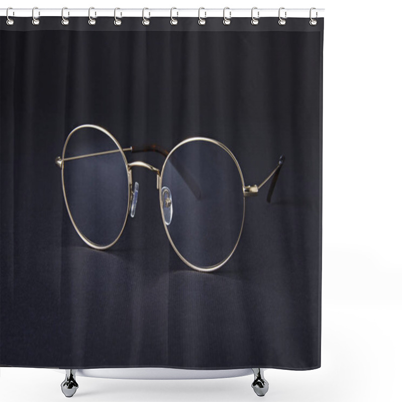 Personality  Studio Shot Of Gold Glasses At Dark Background. Shower Curtains