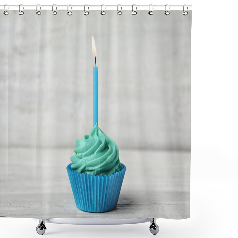 Personality  Delicious Birthday Cupcake With Cream And Burning Candle On White Wooden Table Shower Curtains