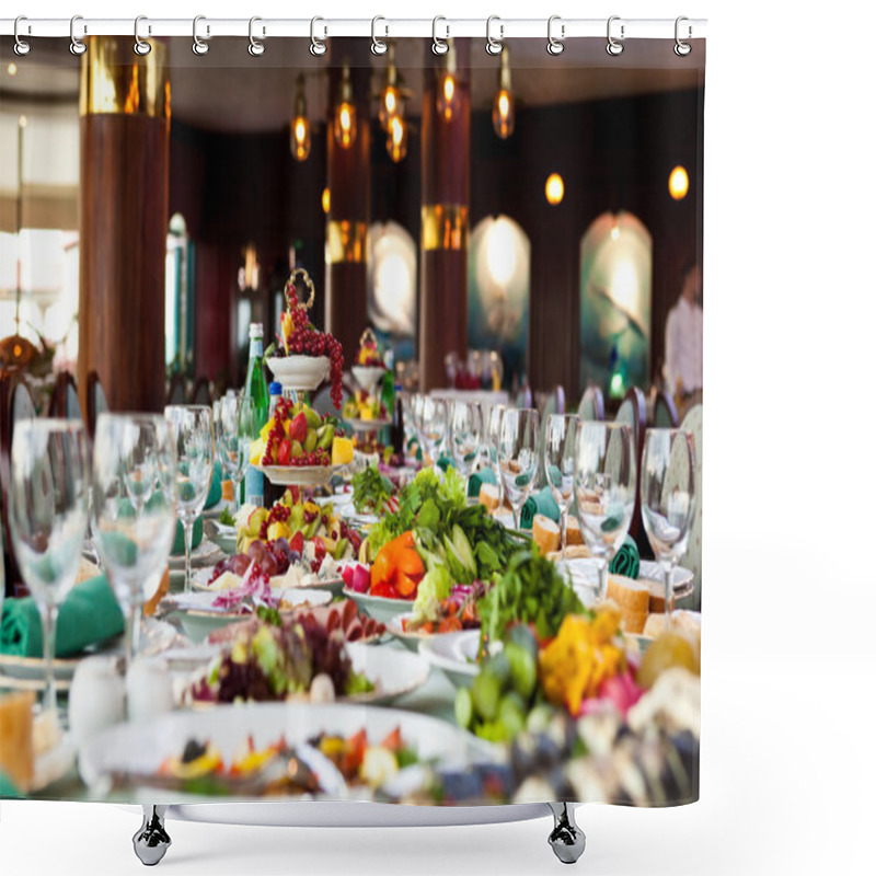 Personality  Celebratory buffet table at restaurant shower curtains