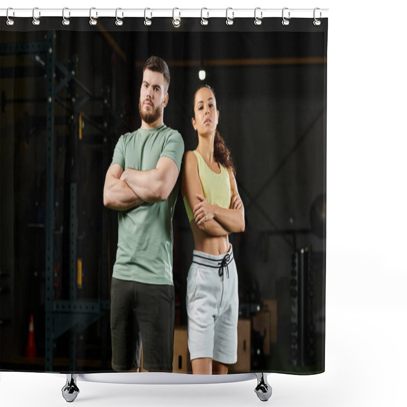 Personality  A Male Trainer Demonstrates Self-defense Techniques To A Woman In A Gym, Focusing On Strength And Confidence Building. Shower Curtains