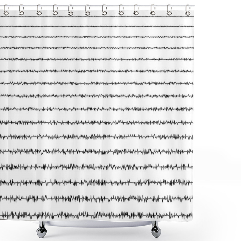 Personality  Set Of Horizontal Line Doodles Of Seismic Waves Of The Vibrational Form Of An Earthquake With A Random Frequency And Amplitude, A Vector Seismogram That Registers Earths Vibrations Shower Curtains