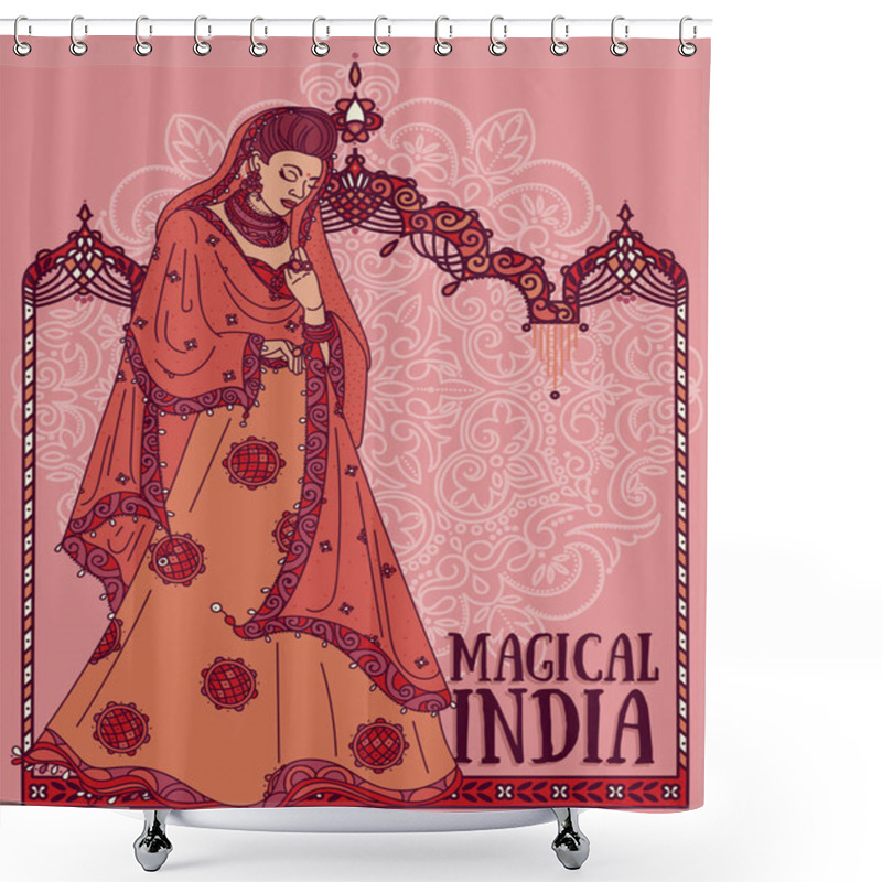 Personality  Beautiful Indian Woman In Traditional Saree And Traditional Indian Arch Shower Curtains