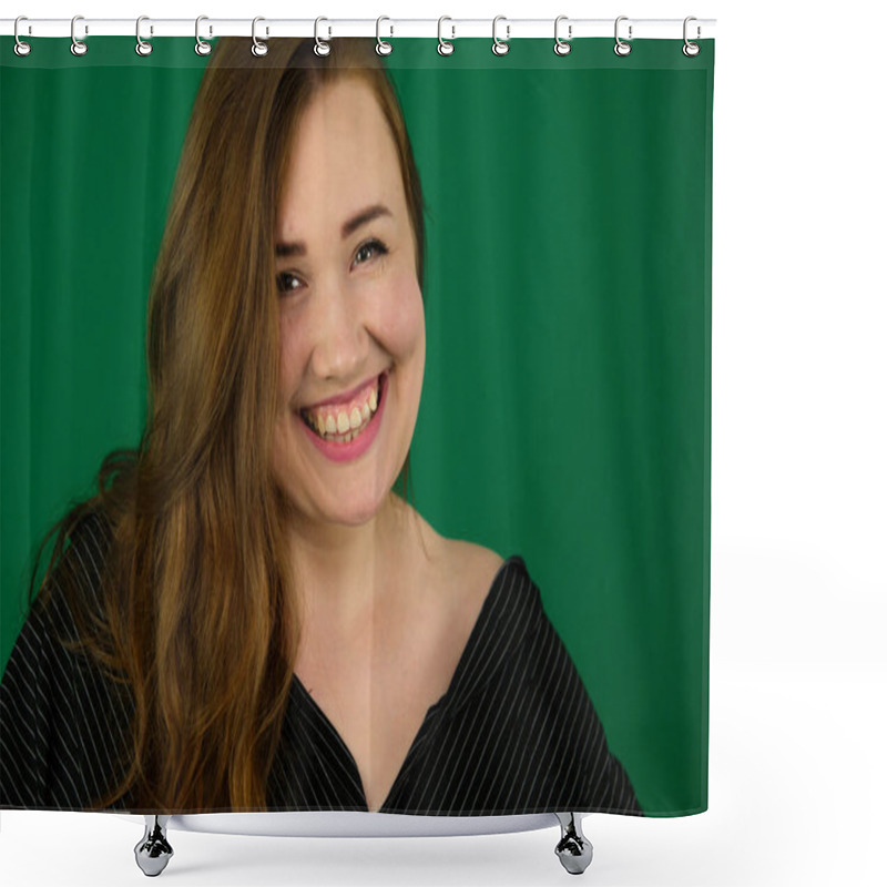 Personality  Woman On A Green Background Chromakey In A Black Striped Mens Shirt Different Emotions Facial Expression Close-up Advertising Space For Text Clean. Kind Eyes Shower Curtains