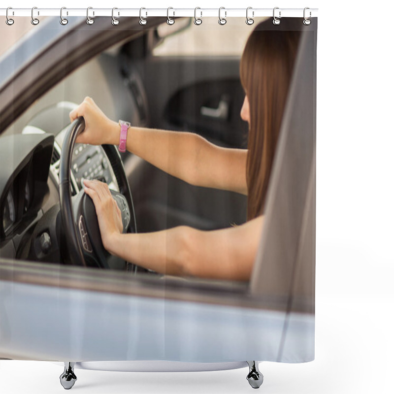 Personality  Woman Driving A Car With Hand On Horn Button Shower Curtains