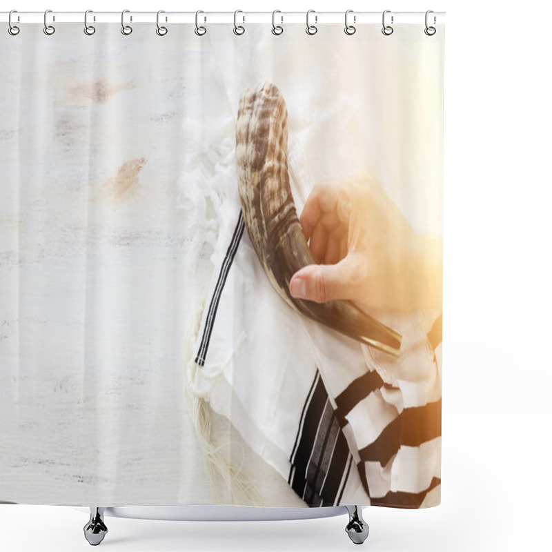 Personality  Religion Image Of Shofar (horn) On White Prayer Talit. Rosh Hashanah (jewish New Year Holiday), Shabbat And Yom Kippur Concept Shower Curtains