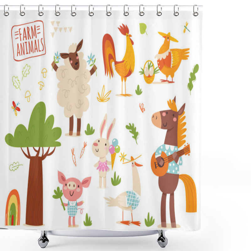 Personality  Vector Set Of Funny Cartoon Hand Drawn Farm Animals. Great For Your Design Ideas, Cards, Posters And Kids Room Decoration.  Shower Curtains