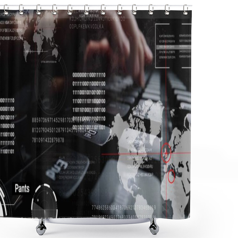 Personality  Man Working On Laptop Computer Keyboard With Graphic User Interface GUI Hologram Showing Concepts Of Big Data Science Technology, Digital Network Connection And Computer Programming Algorithm. Shower Curtains