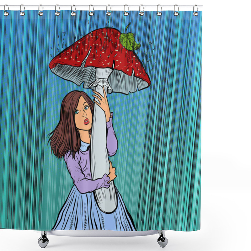 Personality  Girl In The Rain Hid Under A Mushroom Shower Curtains