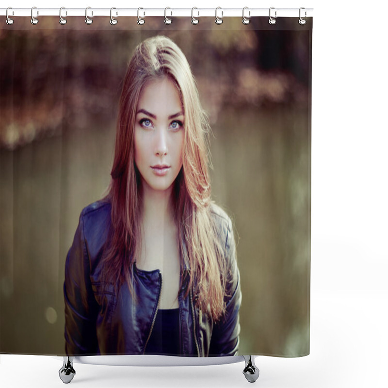 Personality  Portrait Of Young Beautiful Woman In Leather Jacket Shower Curtains