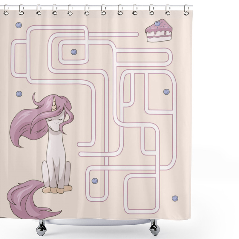 Personality  Labyrinth. Maze Game For Kids. Help Cute Cartoon Unicorn Find Path To Cake. Pink And Yellow Pastel Colors. Vector Illustration. Shower Curtains