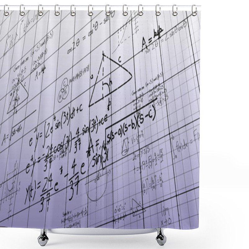 Personality  Image Of Mathematical Equations Floating Over Grid Network Against Blue Gradient Background. School And Education Concept Shower Curtains