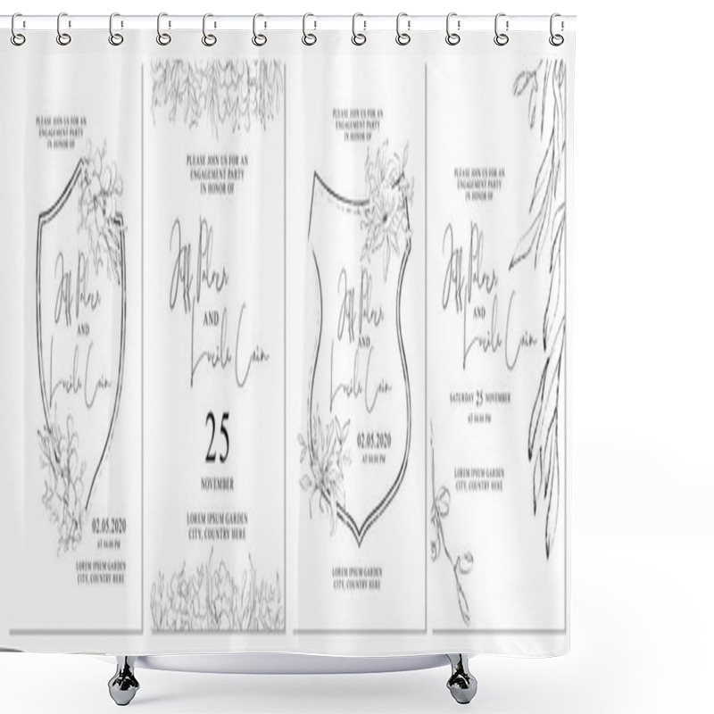 Personality  Minimalist Wedding Invitation Cards Template Design, Foliage Line Art Ink Drawing On White Shower Curtains