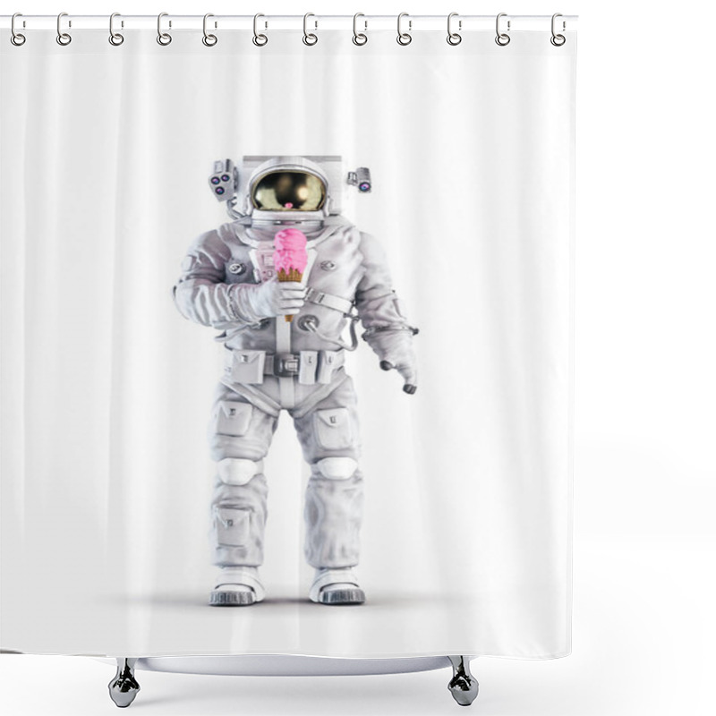 Personality  Astronaut With Ice Cream / 3D Illustration Of Space Suit Wearing Male Figure Holding Pink Strawberry Ice Cream Cone Isolated On White Studio Background Shower Curtains