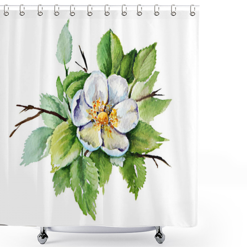 Personality  Watercolor Botanical Illustration With The Image Of The Flower And Leaves Of A White Rose On A White Background. Shower Curtains