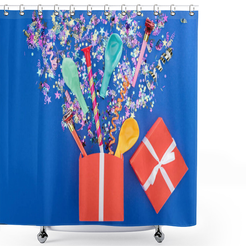 Personality  Red Gift Box And Various Party Decor On Blue Background Shower Curtains