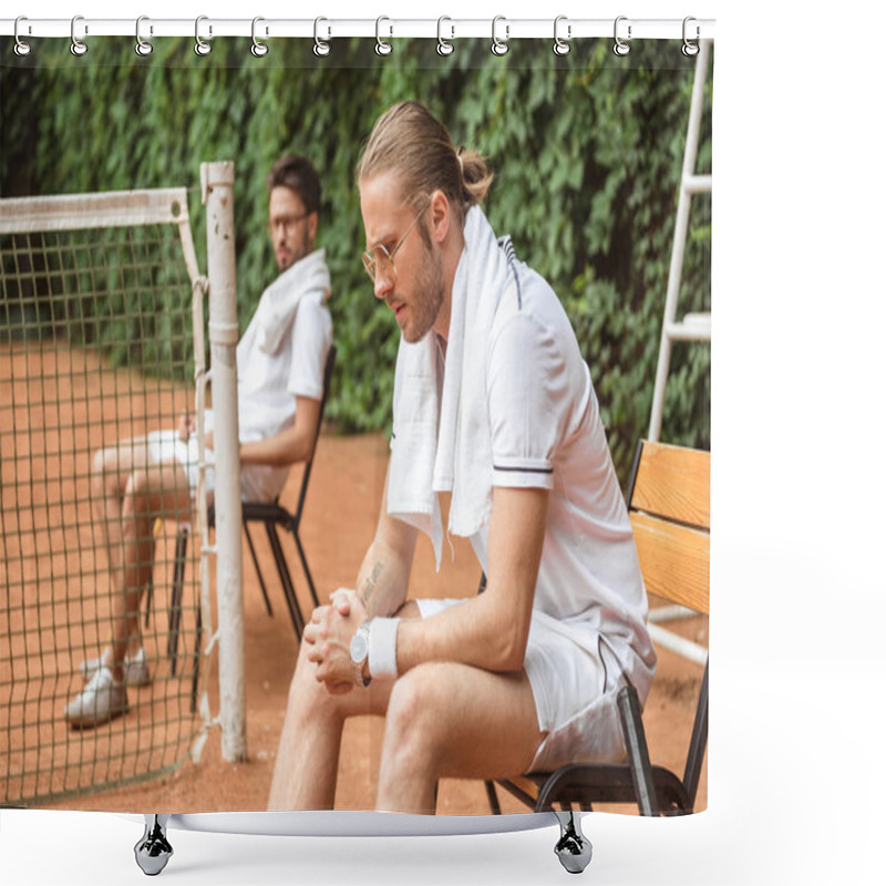 Personality  Upset Tennis Players Resting On Chairs On Court  Shower Curtains