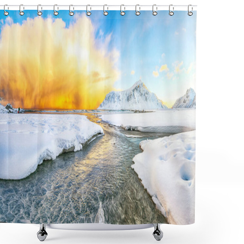 Personality  Fabulous Winter Scenery On Skagsanden Beach With Illuminated Clouds During Sunrise. Popular Tourist Destination. Location: Flakstadoya Island, Lofoten; Norway, Europe Shower Curtains