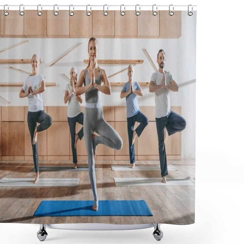 Personality  Group Of Senior People Practicing Yoga With Instructor In Tree Pose On Mats In Studio Shower Curtains