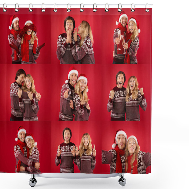 Personality  A Cheerful Couple In Holiday Sweaters Is Enjoying Their Time Together, Engaging In Playful Activities, And Celebrating The Festive Season Against A Bright Red Backdrop. Shower Curtains