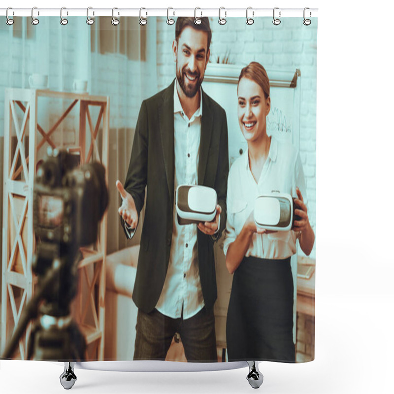 Personality  Bloggers Makes A Video. Bloggers Is Businessman And Businesswoman. Video About A Innovation. Camera Shoots A Video. Persons Showing A Virtual Reality Glasses. People Is Smiling. Studio Interior. Shower Curtains