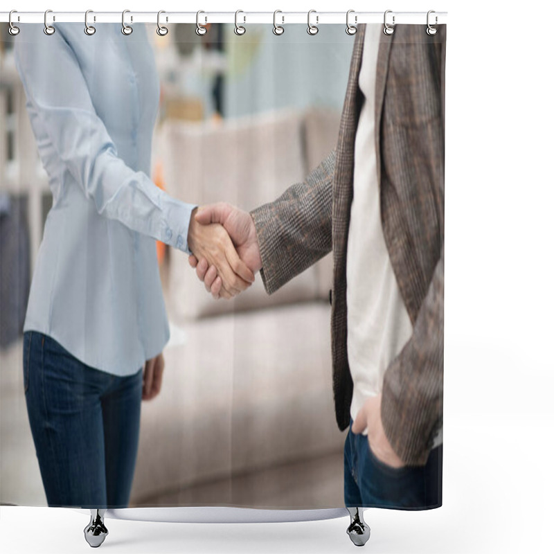 Personality  Manager In Furniture Shop Meeting New Customer Shower Curtains