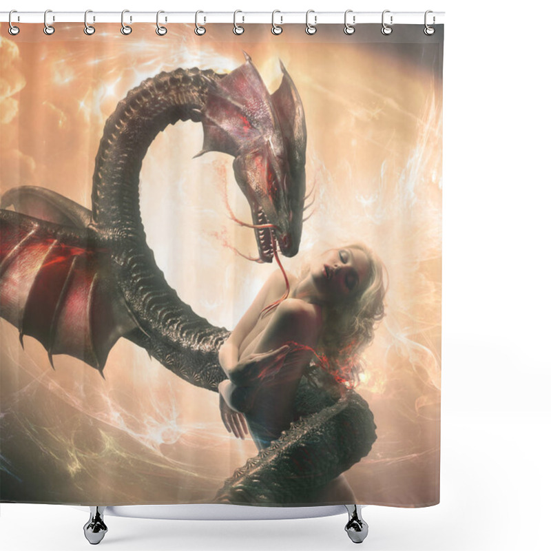 Personality  Beautiful Blonde Model With Dragon In A Fantasy World Shower Curtains