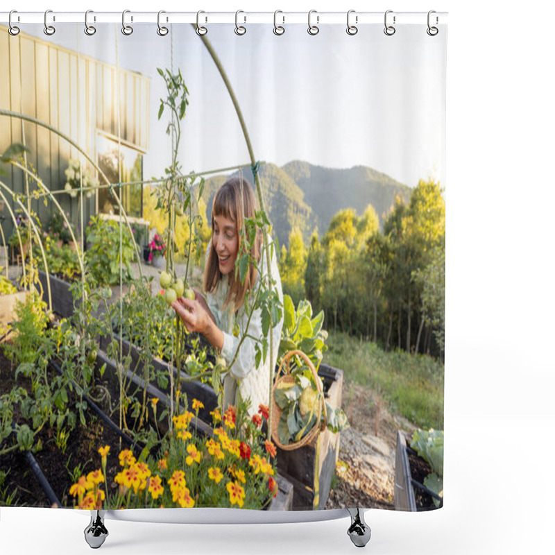 Personality  A Woman Joyfully Examines Green Tomatoes In Her Garden. The Lush Plants And Modern Cabin Backdrop Capture The Simplicity And Satisfaction Of Home Gardening Shower Curtains