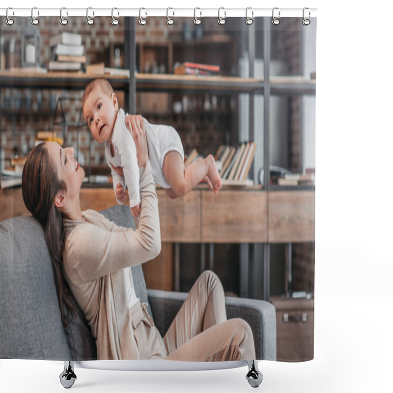 Personality  Mother And Baby Boy Having Fun At Home Shower Curtains