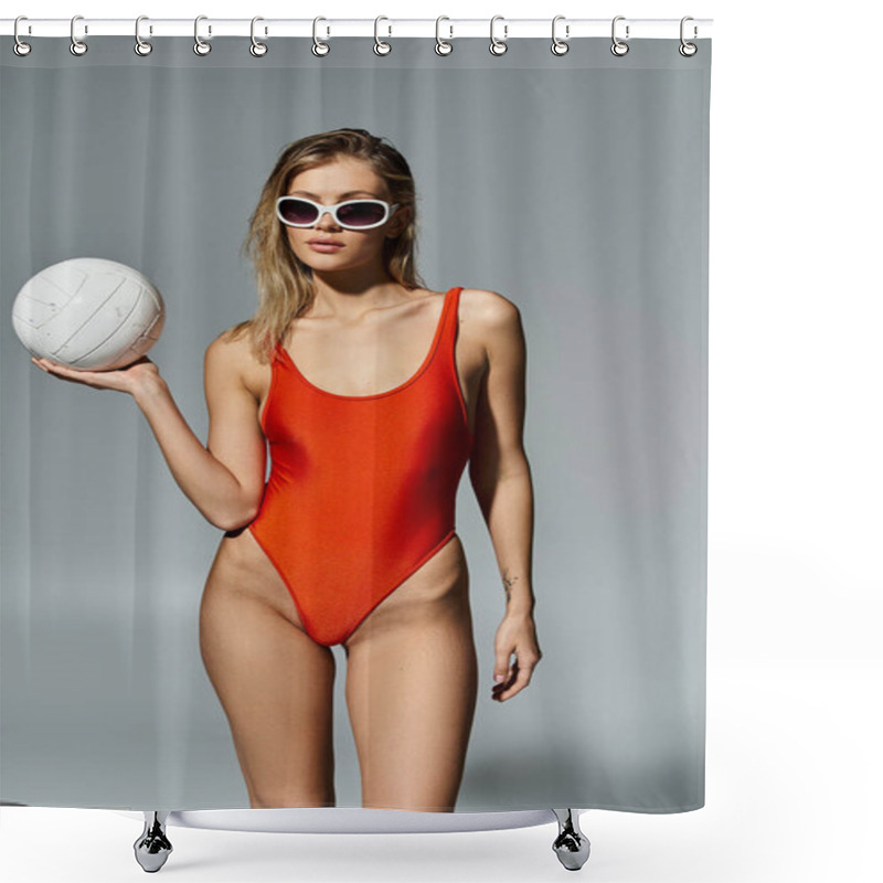 Personality  Stylish Woman With Blonde Hair Holding A Volleyball. Shower Curtains