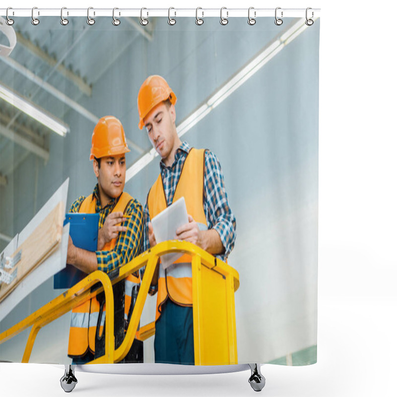 Personality  Thoughtful Multicultural Workers With Digital Tablet And Clipboard Standing On Scissor Lift Shower Curtains