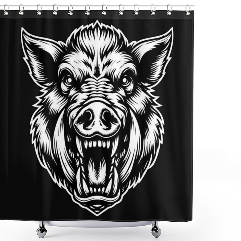 Personality  Dark Art Scary Angry Wild Boar Skull Head With Sharp Horn Black And White Illustration Shower Curtains