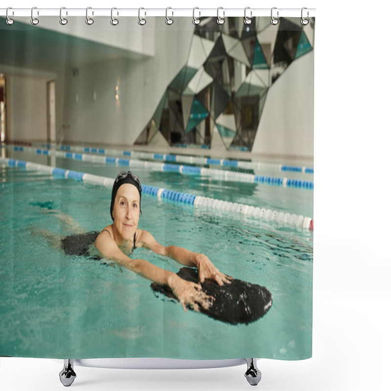 Personality  Middle Aged Woman Swimming With Floating Board In Pool, Swim Cap And Goggles, Sport, Lifestyle Shower Curtains