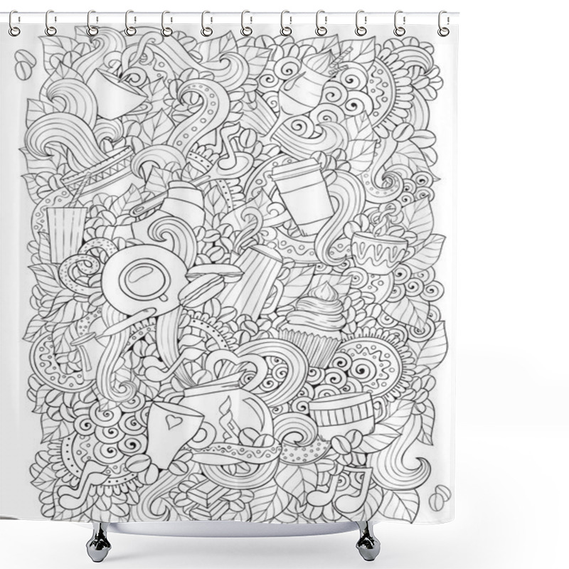 Personality  Coffee And Tea Doodle Background In Vector With Paisley. Ethnic Zentangle Pattern Can Be Used For Menu, Wallpaper, Pattern Fills, Coloring Books And Pages For Kids And Adults. Black And White. Shower Curtains