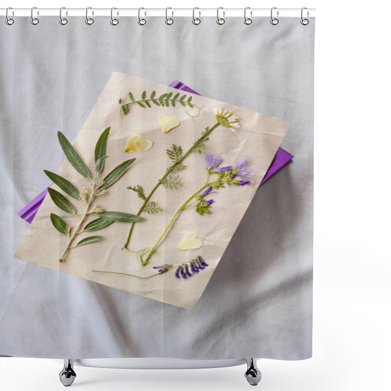 Personality  Sheet Of Paper With Dried Flowers And Leaves On White Fabric, Top View Shower Curtains