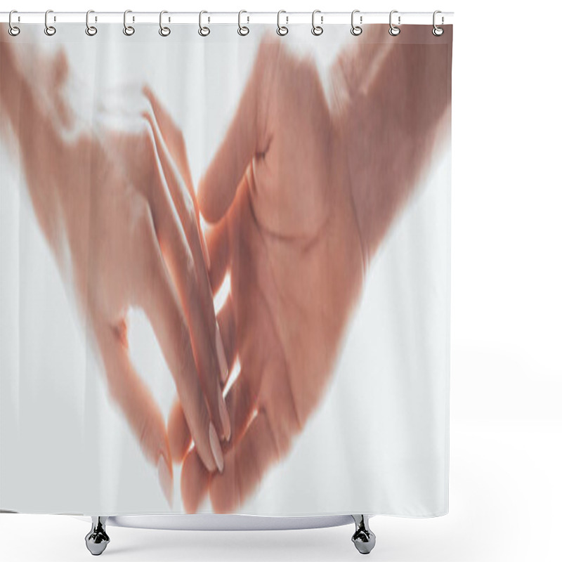 Personality  Partial View Of Man And Woman Holding Hands Isolated On White Shower Curtains