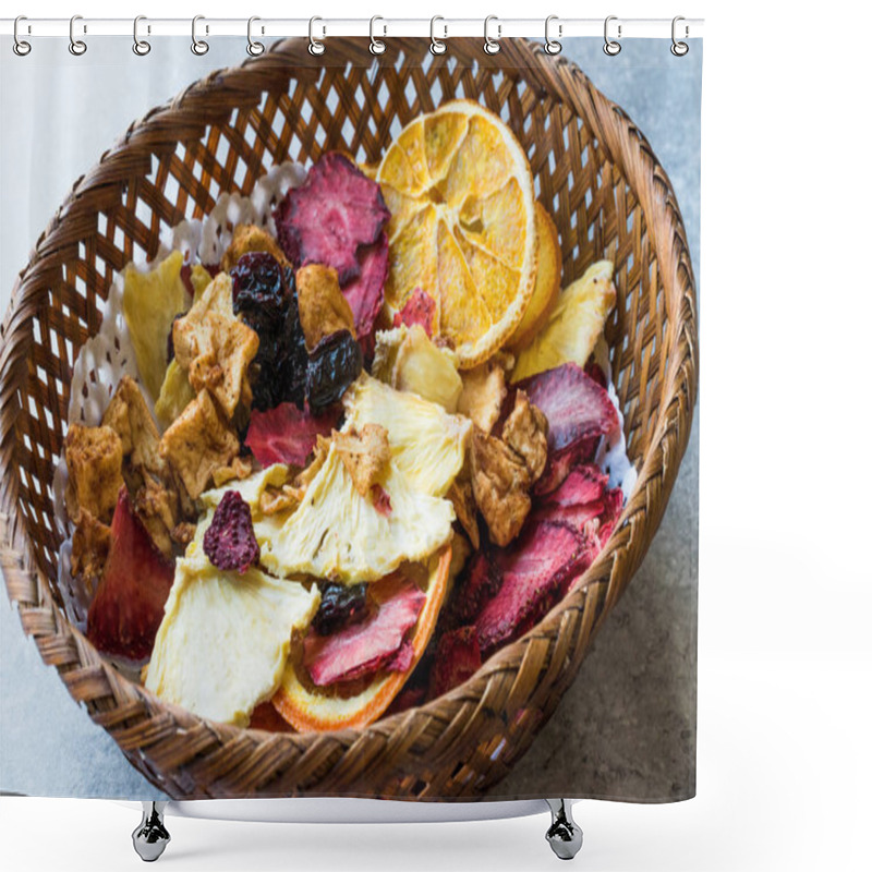 Personality  Mixed Dried Fruits Orange, Strawberry, Pineapple, Cherry And Apple Slices With Cinnamon Powder In Wooden Basket. Shower Curtains