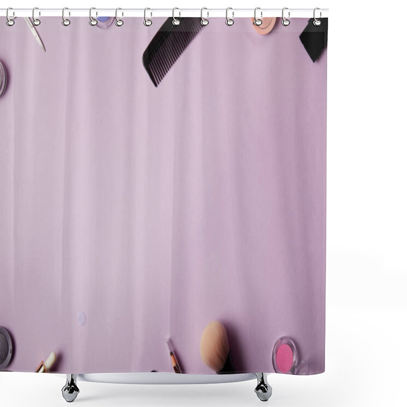 Personality  Top View Of Various Makeup Tools And Cosmetics On Purple Background Shower Curtains