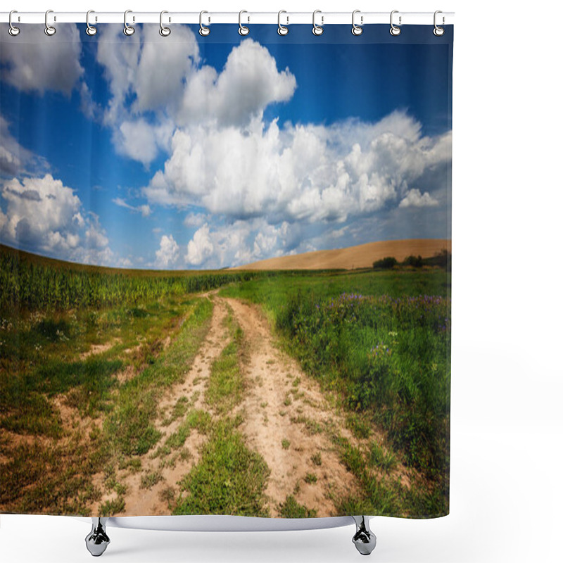 Personality  Long And Winding Rural Road Crosses The Hills And Fields. Panoramic Countryside View Shower Curtains