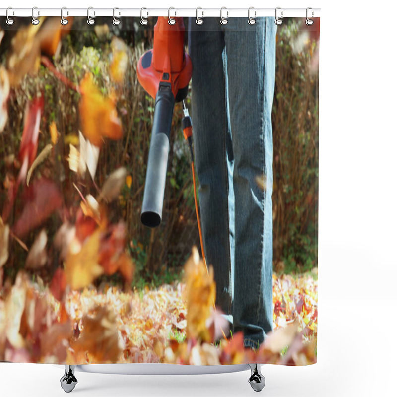 Personality  Man Working With  Leaf Blower: The Leaves Are Being Swirled Up And Down On A Sunny Day Shower Curtains